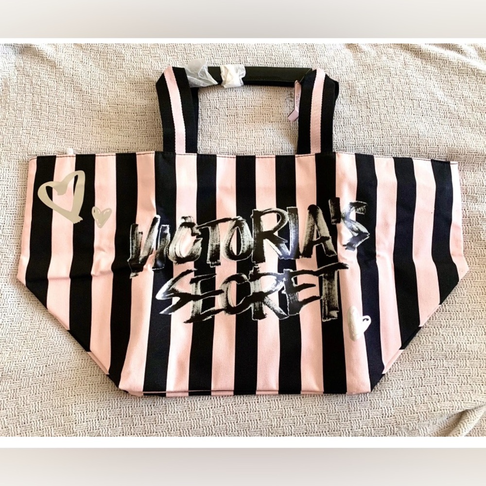 Victoria's Secret Large Weekender Tote Bag Love Victoria Pink Black Stripes NWT